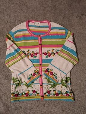 Vintage Just B Tropicalcore Beaded Cardigan Embroidered Resortwear Coastal XL